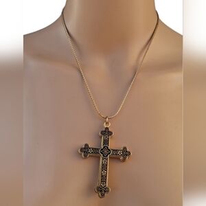 Curated Vintage Gold Tone Flat Herringbone Chain with Dual Cross Pendants